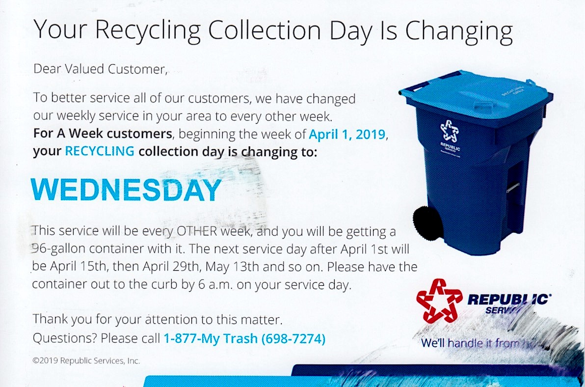 Republic Services recycling collection day post card